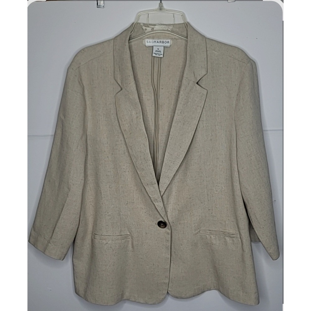 Sag Harbor Blazer XL Beige‎ Linen Blend 3/4 Sleeve Single Button Preppy Office